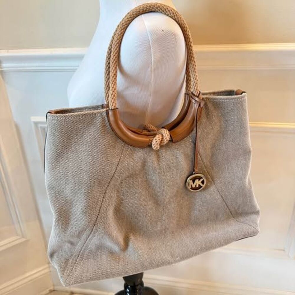 Michael Kors Canvas Tote Rope Handle Large Shoulder Bag Neutral